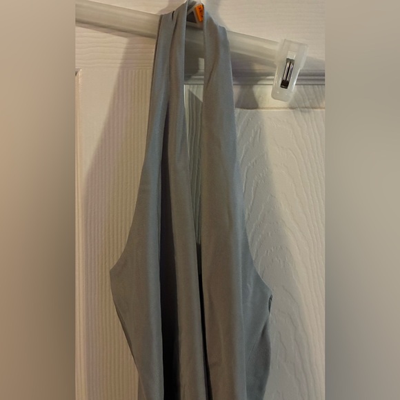 Silver Gray Shiny Halter Crop Top with Side Slits on Bottom Hem - Picture 6 of 10